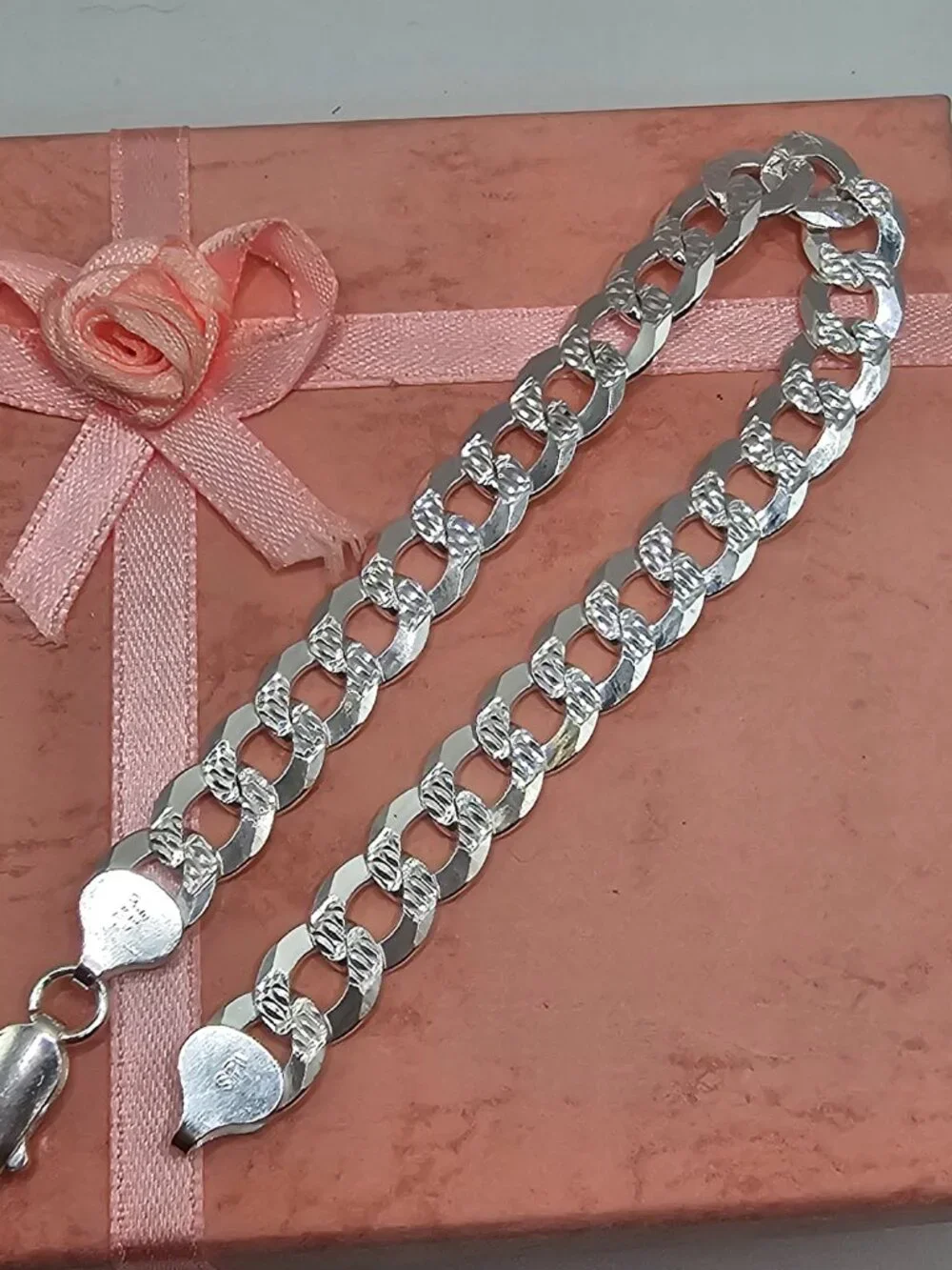 Sterling Silver 925 High Polished Diamond Cut Curb Bracelet 8.9mm 9 inches